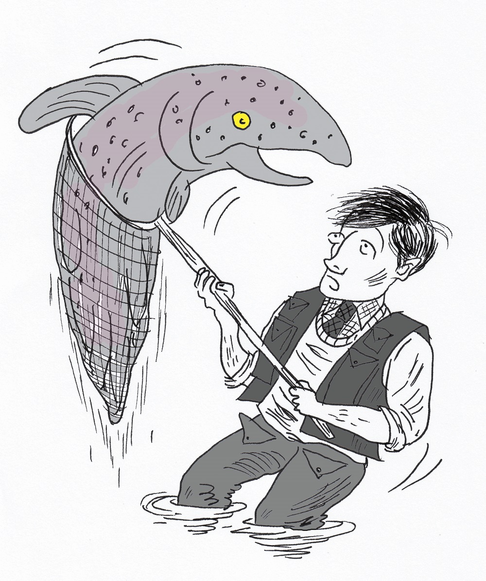 A cartoon illustration by John Levers of Dr Alfred Jones of Salmon Fishing in the Yemen, holding a fishing net holding a huge salmon, which looms over him